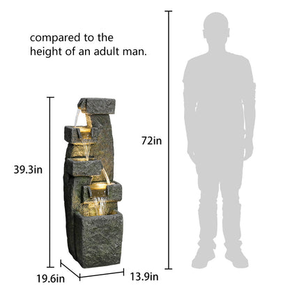 Resin Tiered Outdoor Fountain 5 Tier Modern LED beside a human silhouette, with height and base measurements marked.