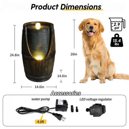 Resin Rustic Barrel Outdoor Water Fountain 24 Inch LED shown with dimension labels, a dog, and pump accessories.