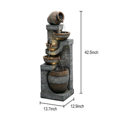 Resin Carved Clay Urn Outdoor Water Fountain 42 Inch shown with measurement lines on a white background.