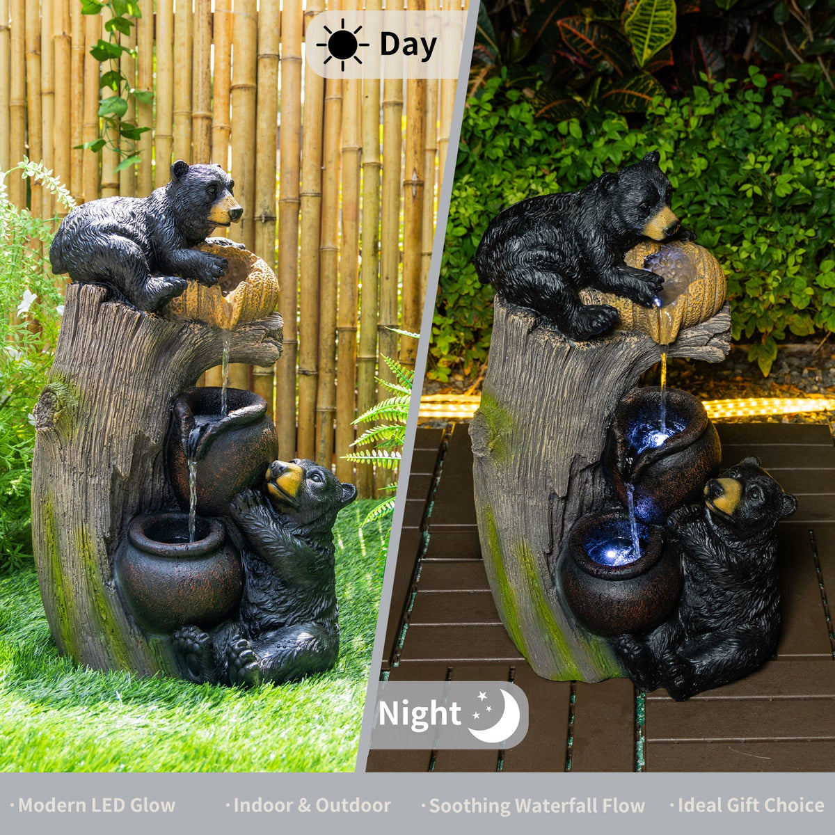 Resin Black Bear Outdoor Water Fountain shown in daylight and at night among garden greenery.