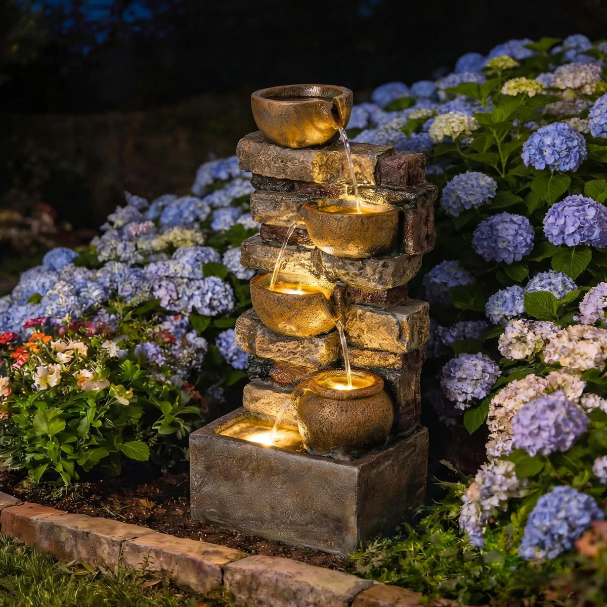 Resin Stacked Stone Bowl Cascade Fountain 28 Inch illuminated at night among blue hydrangeas and other flowers.