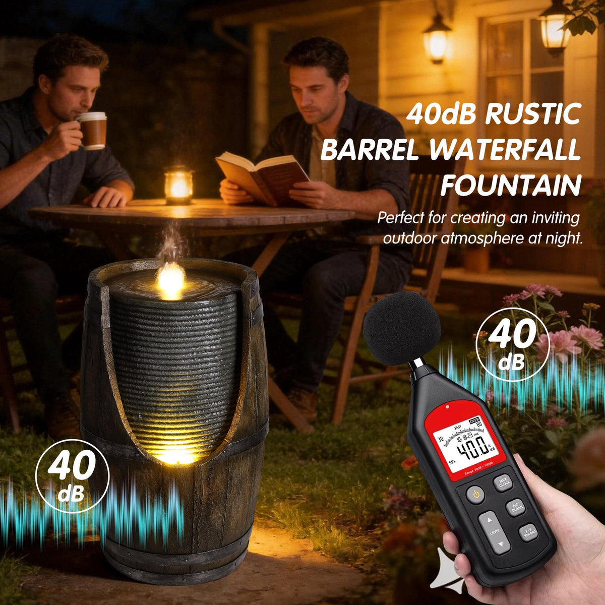 Resin Rustic Barrel Outdoor Water Fountain 24 Inch LED in a patio scene, with people and a handheld sound meter.