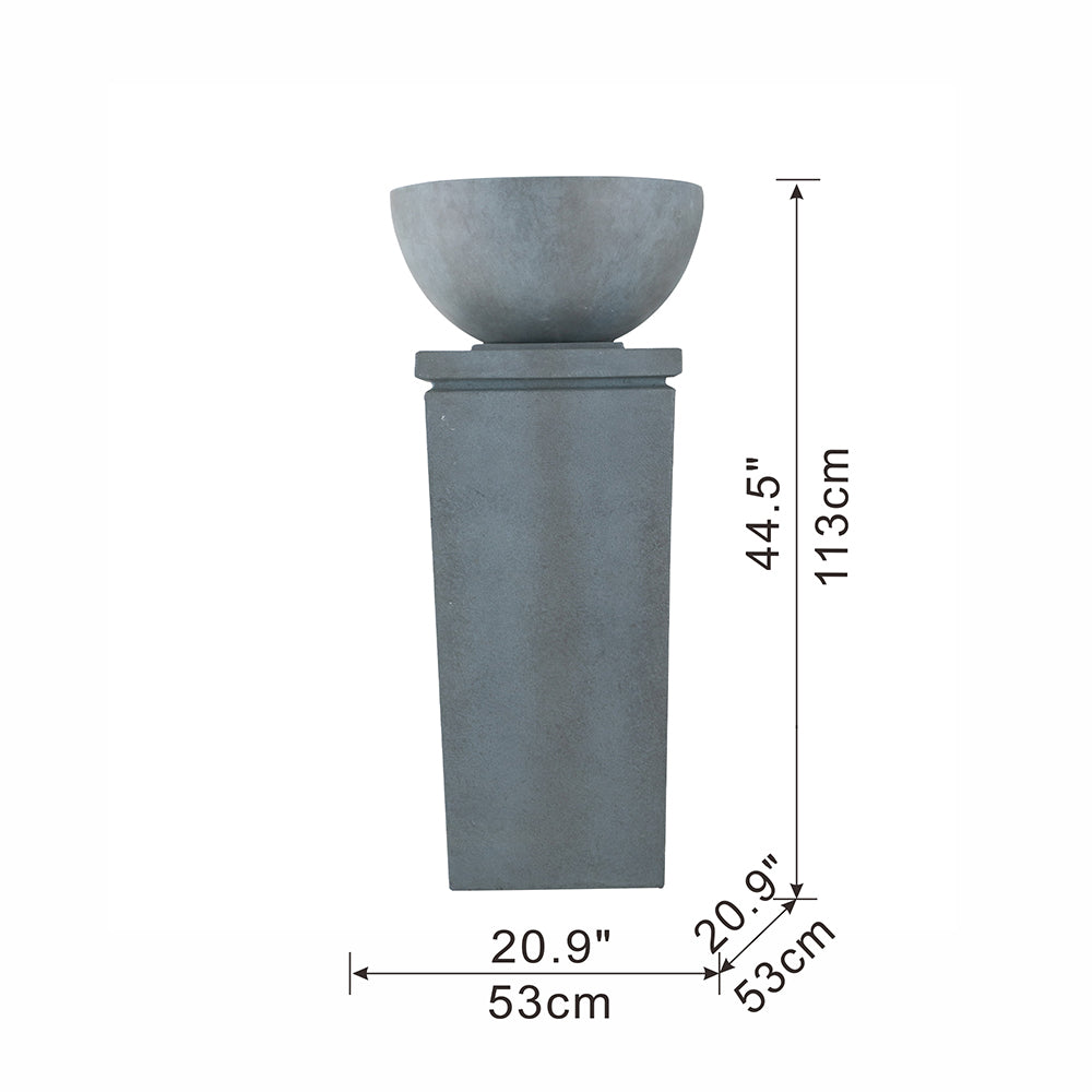 Resin Zen Bowl Pedestal Outdoor Fountain 44 Inch shown with measurement lines on a white background.