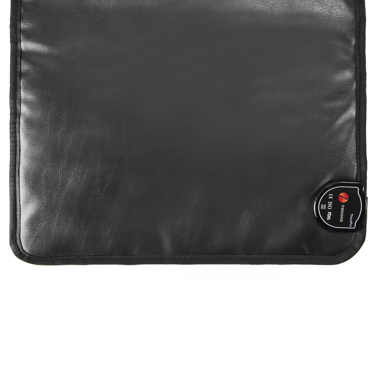 TheraPro™ PEMF pad shown from the smooth black back, with a small label near one corner on a white background.