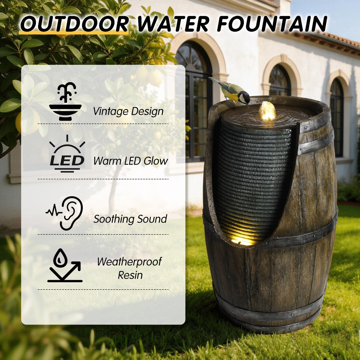 Resin Rustic Barrel Outdoor Water Fountain 24 Inch LED beside a bird, with a house and feature icons behind it.