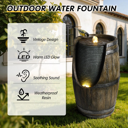 Resin Rustic Barrel Outdoor Water Fountain 24 Inch LED beside a bird, with a house and feature icons behind it.