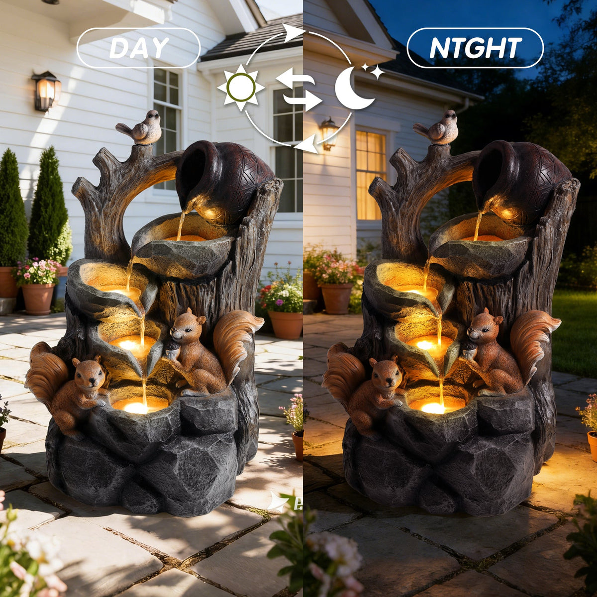 Resin Squirrel Tree Stump Outdoor Fountain 30 Inch LED shown in a split view on a sunny patio and at night.
