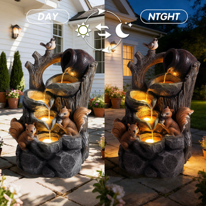 Resin Squirrel Tree Stump Outdoor Fountain 30 Inch LED shown in a split view on a sunny patio and at night.