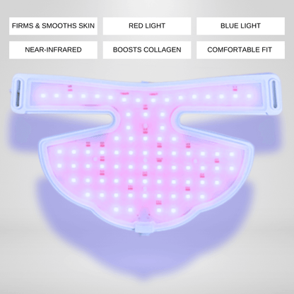 The Noor 2.0 LED Light Therapy Neck & Chest Mask glows pink and blue beneath labels on a light background.