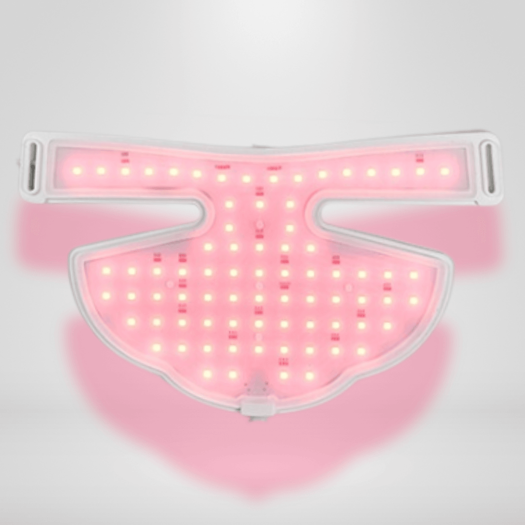 The Noor 2.0 LED Light Therapy Neck & Chest Mask glows pink with rows of lights against a gray background.
