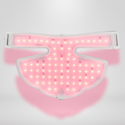 The Noor 2.0 LED Light Therapy Neck & Chest Mask glows pink with rows of lights against a gray background.