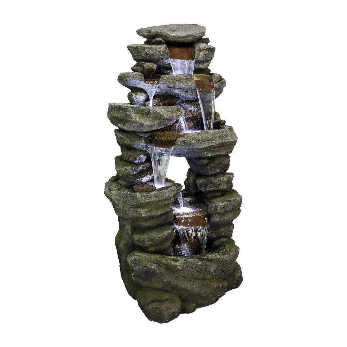 Resin Rock Waterfall Fountain Large 60 Inch 7 Tier shown full view with cascading water and glowing lights against white.