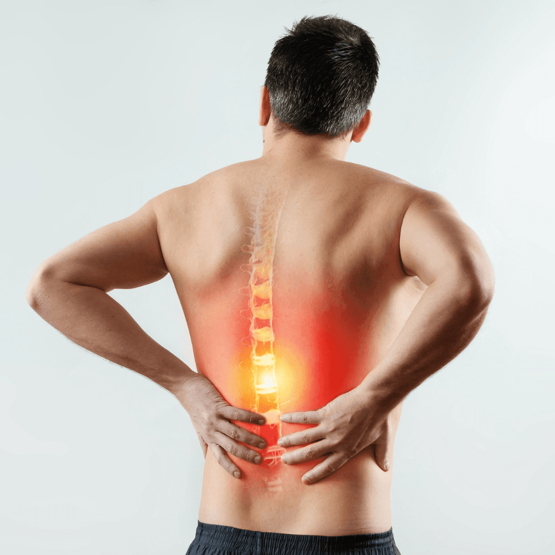 A man holds his lower back as a glowing spine graphic appears; REVA Multifunctional Infrared Heat is not visible.