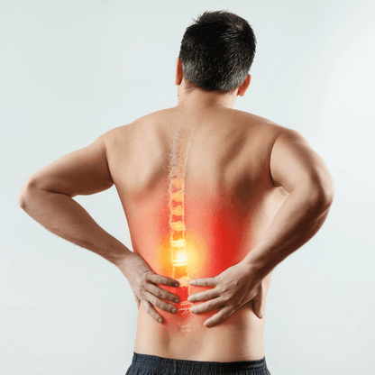 A man holds his lower back as a glowing spine graphic appears; REVA Multifunctional Infrared Heat is not visible.