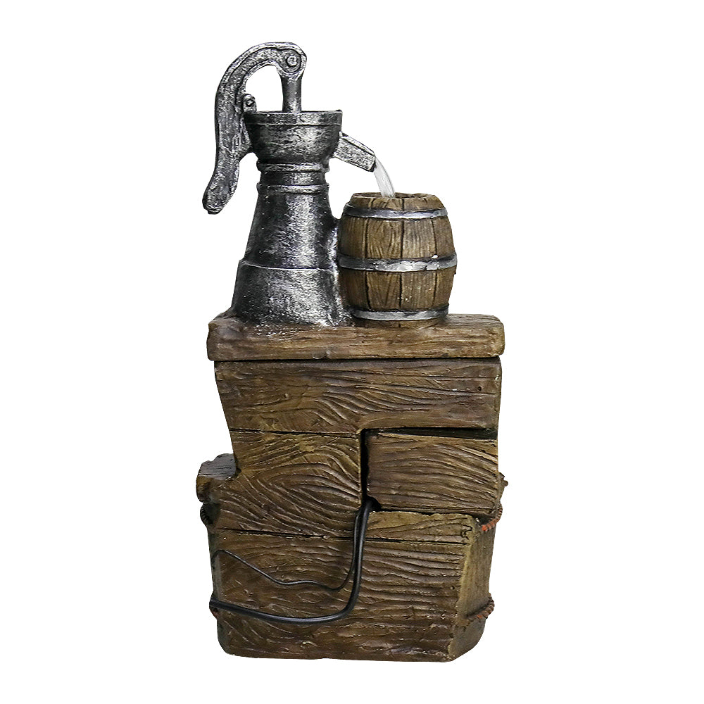 Resin Broken Barrel Rustic Outdoor Fountain 25 Inch LED viewed from behind, showing its textured back and power cord.