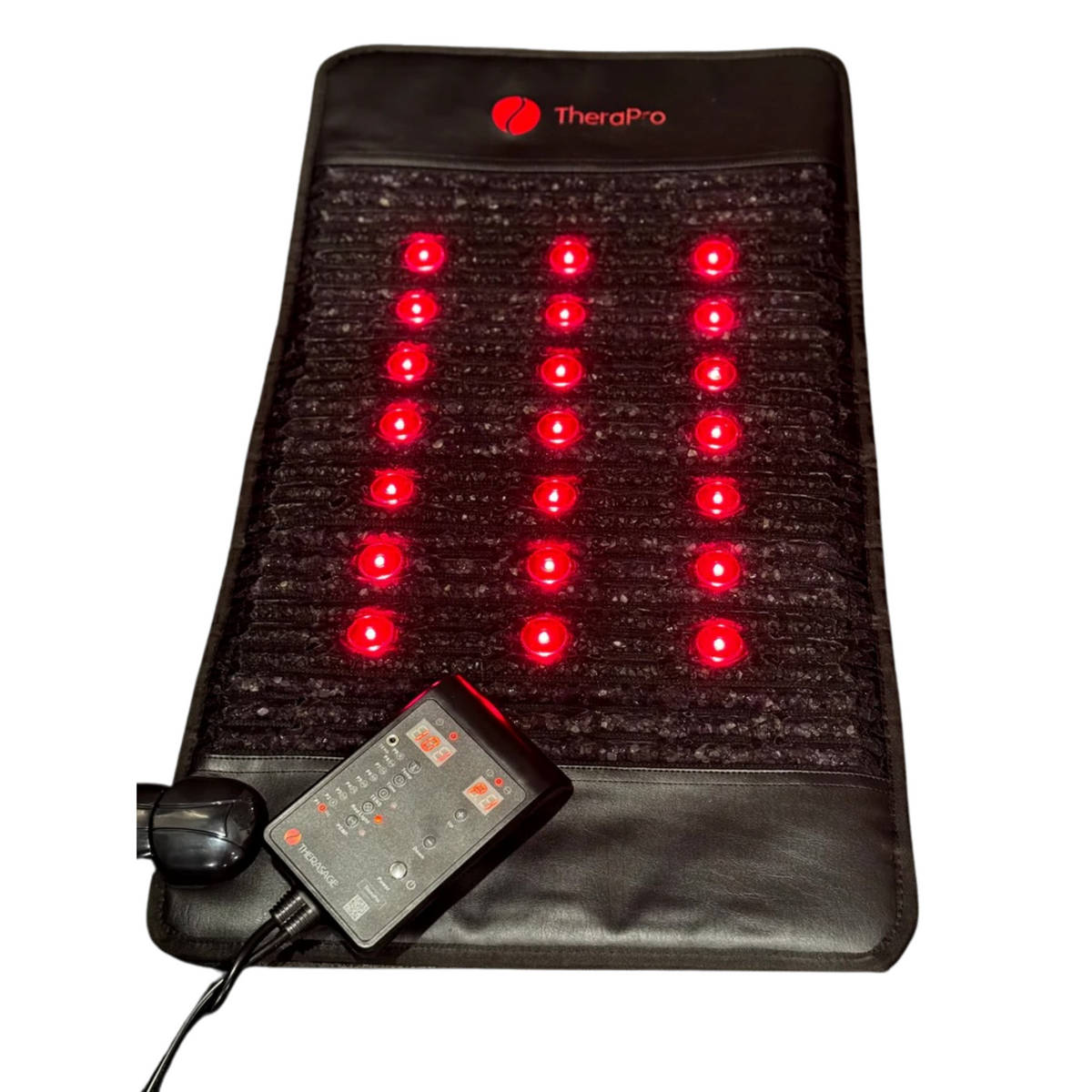 TheraPro™ PEMF pad laid flat with illuminated red circles and a wired controller on a white background.