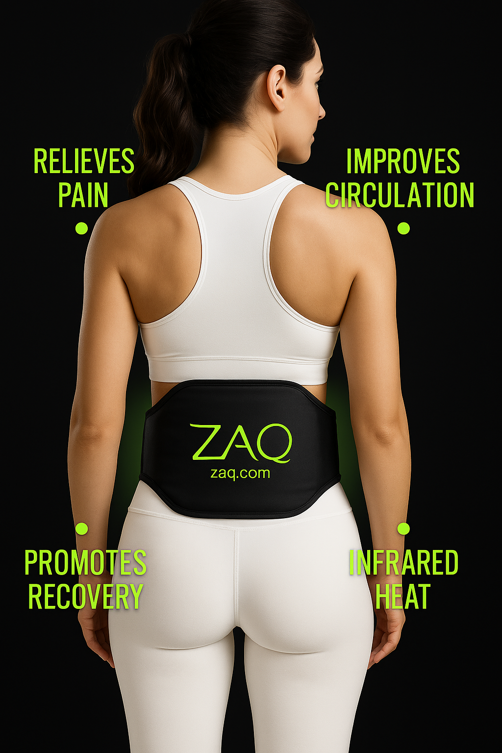 A woman from behind wears a branded REVA Multifunctional Infrared Heat belt on her back.