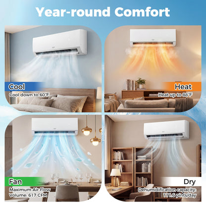 Blast Pro Series 18000 BTU 20 SEER2 208 shown in four room scenes with cooling, heating, fan, and dry labels.