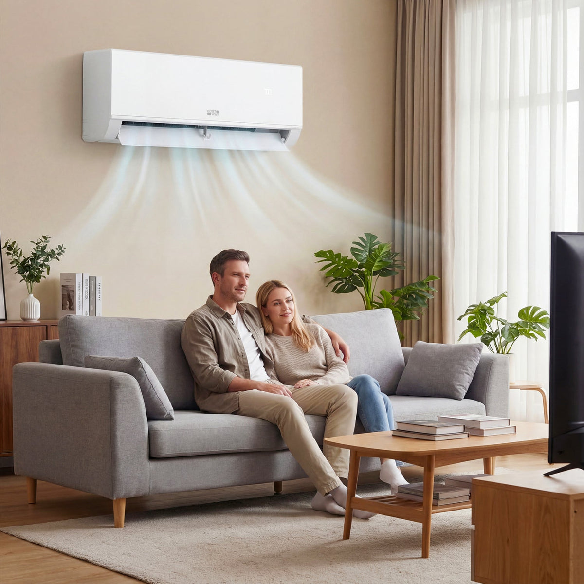 Blast Pro Series 18000 BTU 20 SEER2 208 wall unit above a couple seated on a sofa in a living room.