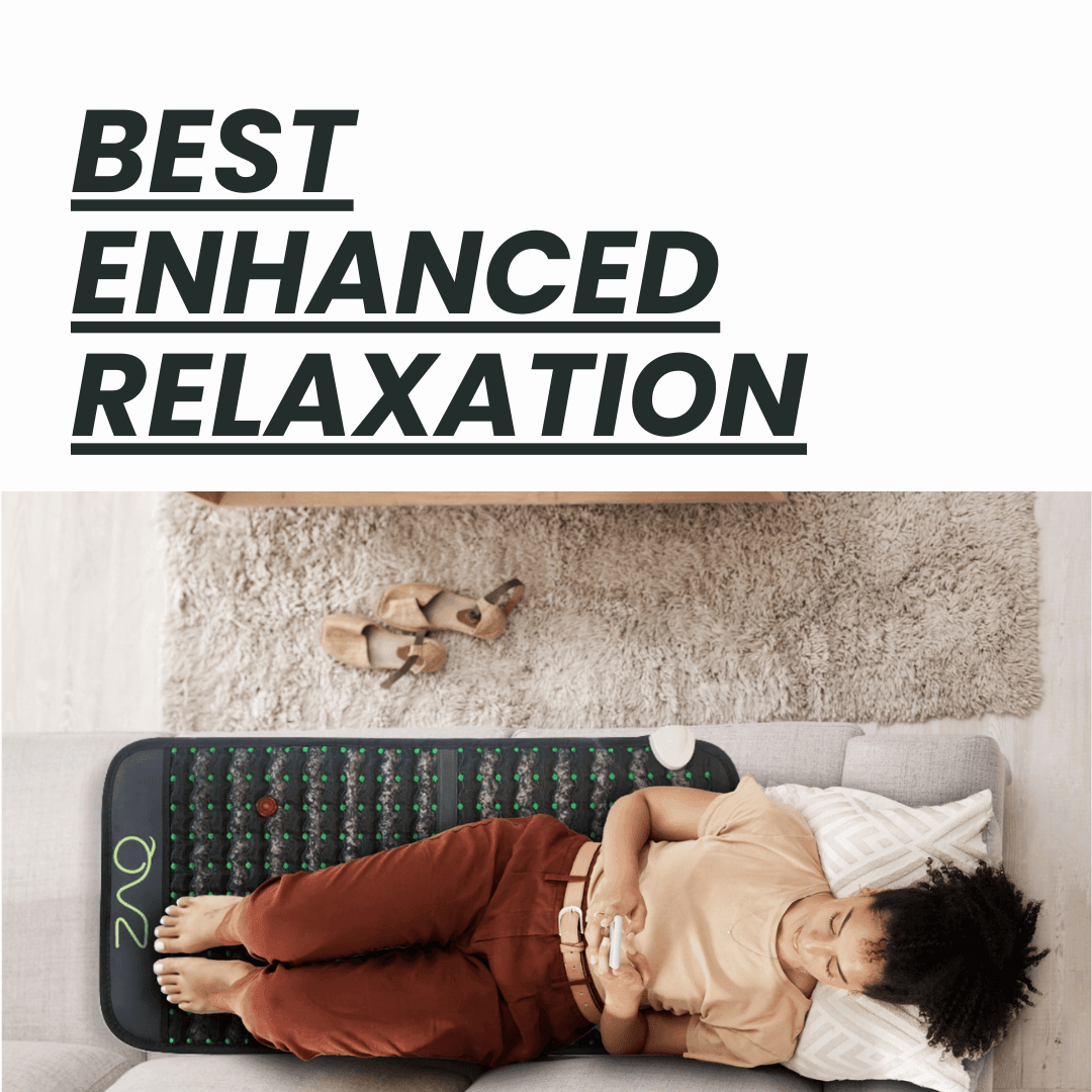 A person reclines on the Infrared PEMF Travel Mat across a sofa beneath a relaxation headline.