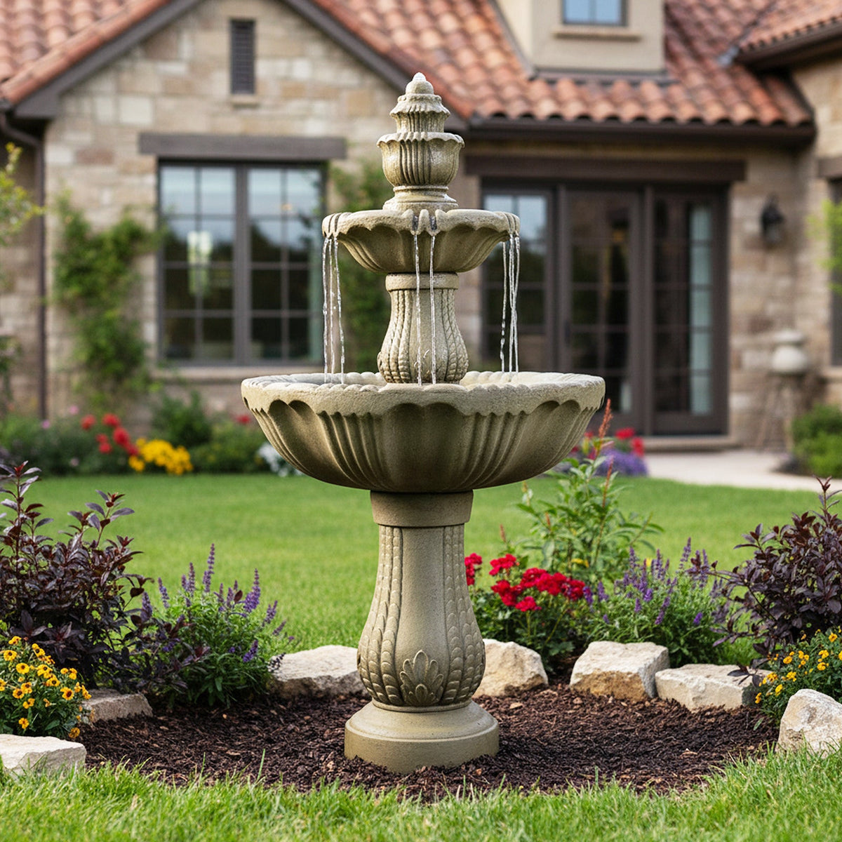 Concrete Water Fountain Pedestal Scalloped 3 Tier flowing in a flower bed before a stone house.