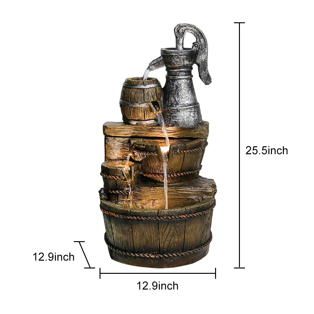 Resin Broken Barrel Rustic Outdoor Fountain 25 Inch LED shown with measurement lines and dimension labels on white.