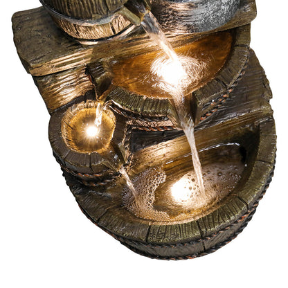 Resin Broken Barrel Rustic Outdoor Fountain 25 Inch LED detail shows water falling into illuminated lower basins.