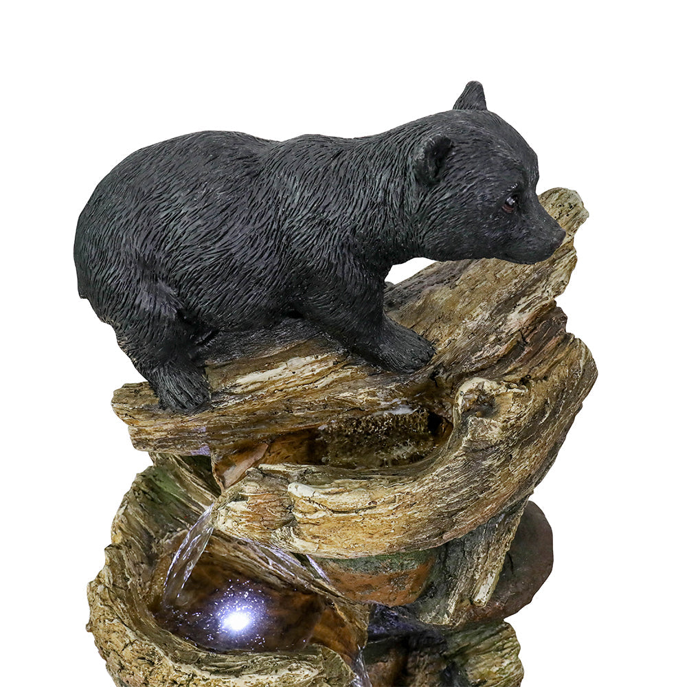 Resin Two Bear Cub Animal Outdoor Water Fountain 39 in close-up shows the upper bear and a lit water basin against white.
