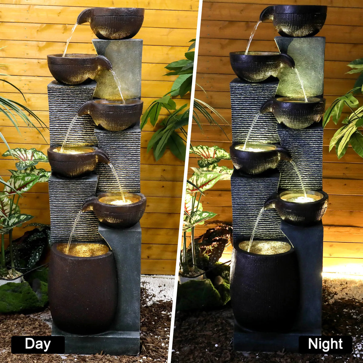 Resin 6 Tier Outdoor Water Fountain Pottery Bowls 53 in shown in side-by-side daytime and nighttime views.