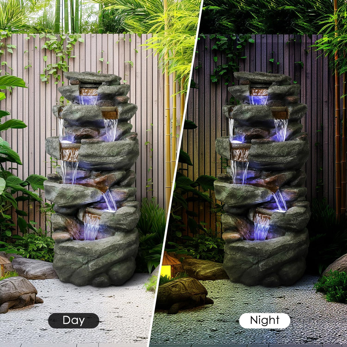 Resin Overhanging Ledge Rock Waterfall Fountain Outdoor shown in a split daytime and nighttime garden view.