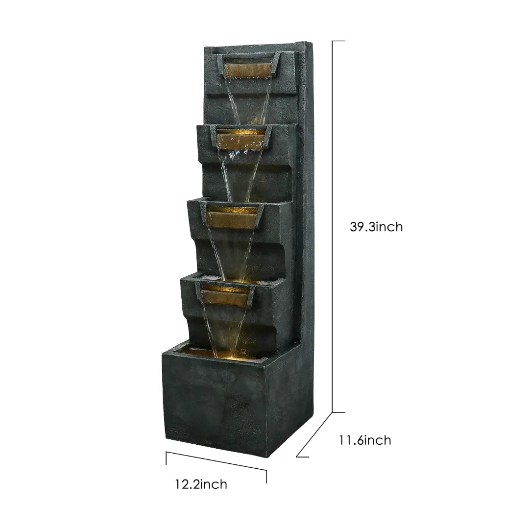 Resin Geometric Outdoor Wall Fountain 39 Inch LED shown at an angle on white with measurement guide lines.