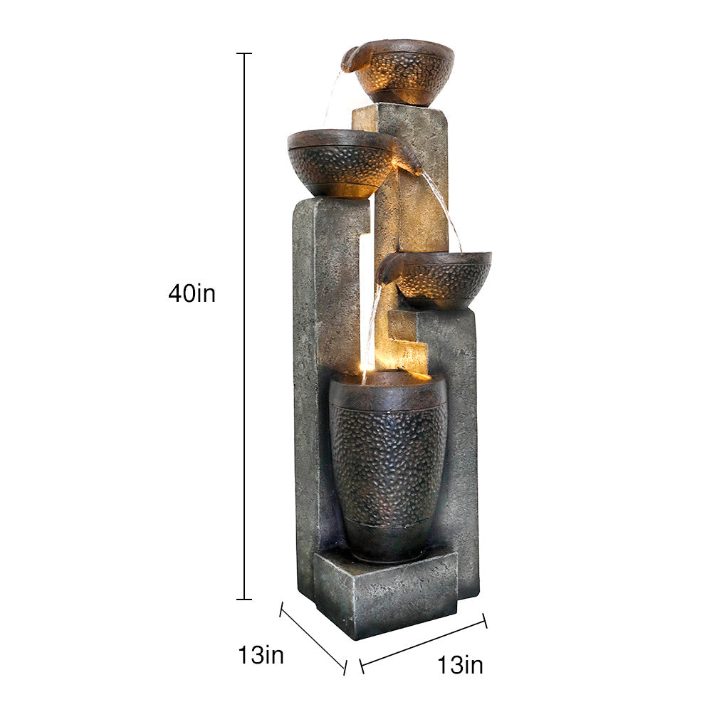 Resin Stacked Clay Pot Outdoor Water Fountain 40 Inch on white, with lines marking its height and base dimensions.