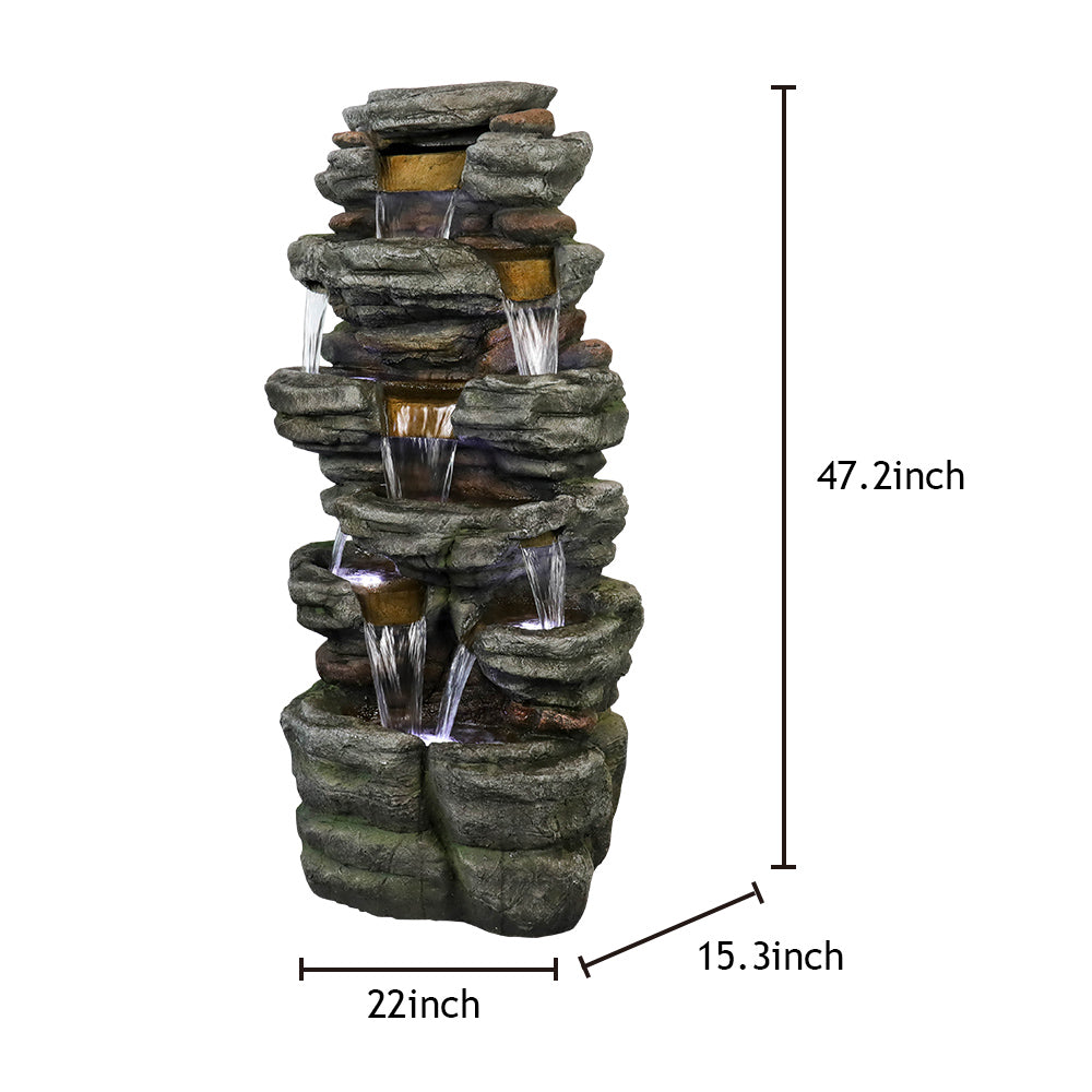 Resin Stepped Shale Outdoor Rock Fountain shown with measurement lines and labels on a white background.