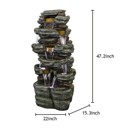 Resin Stepped Shale Outdoor Rock Fountain shown with measurement lines and labels on a white background.
