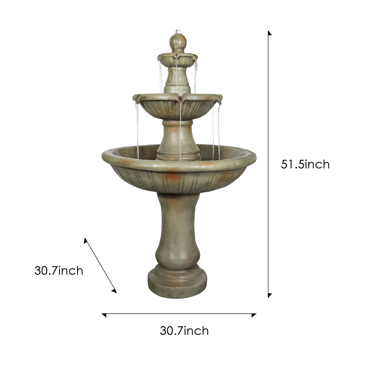 Concrete Fluted 3 Tier Outdoor Water Fountain 51 Inch on white with measurement arrows and dimension labels.
