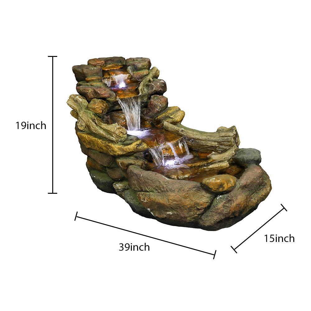 Resin Driftwood Creek Horizontal Outdoor Fountain 39 in with diagram lines marking its height, length, and depth.