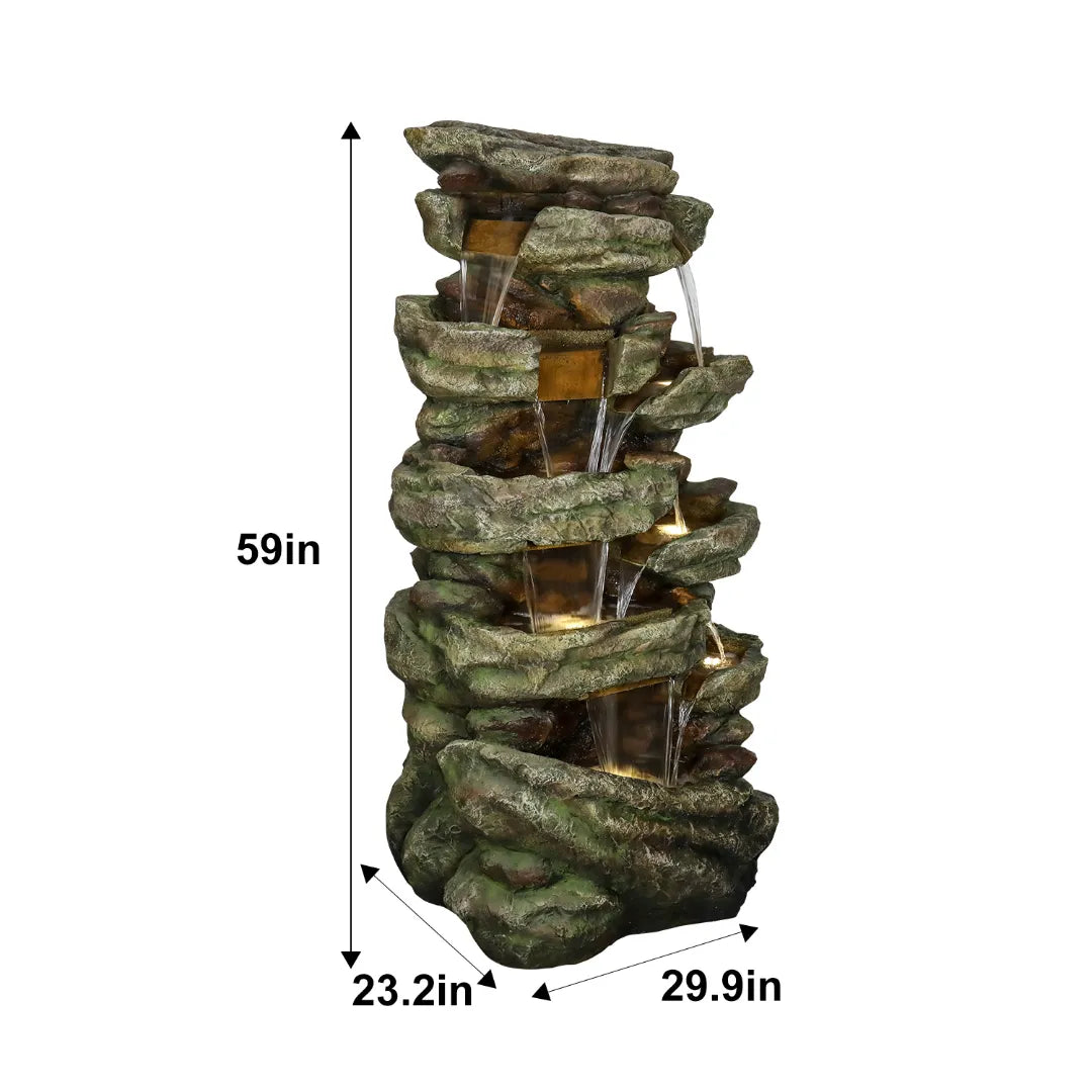 Resin Stacked Stone Rock Waterfall Outdoor Fountain shown against white with arrows marking its height and base dimensions.