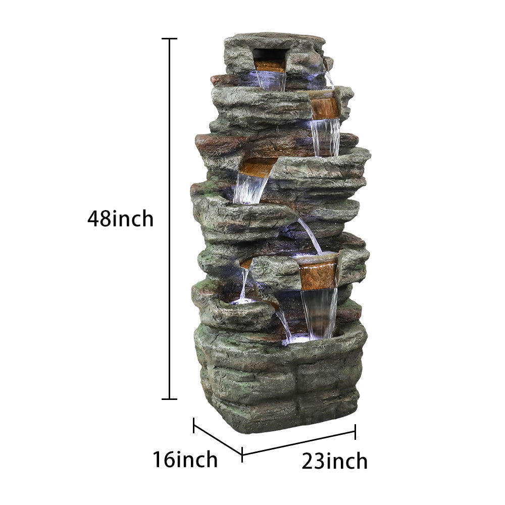 Resin Serpentine Slate Column Cascading Outdoor Fountain shown with height and base measurements on a white background.