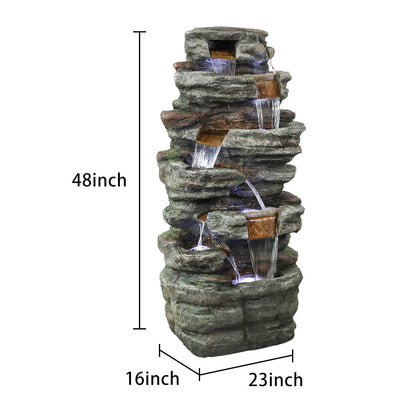 Resin Serpentine Slate Column Cascading Outdoor Fountain shown with height and base measurements on a white background.