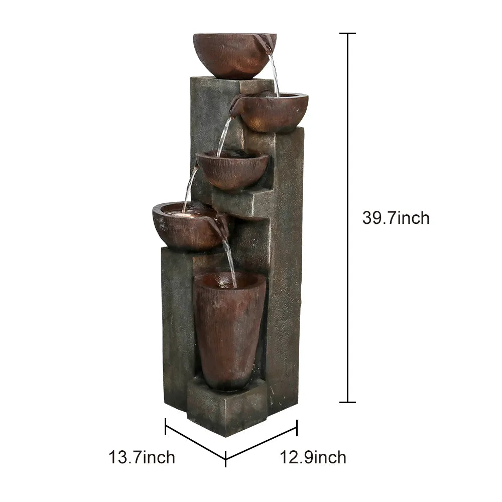 Resin Diagonal Cascading Floor Fountain Outdoor 40 in shown on white with measurement lines and cascading water.