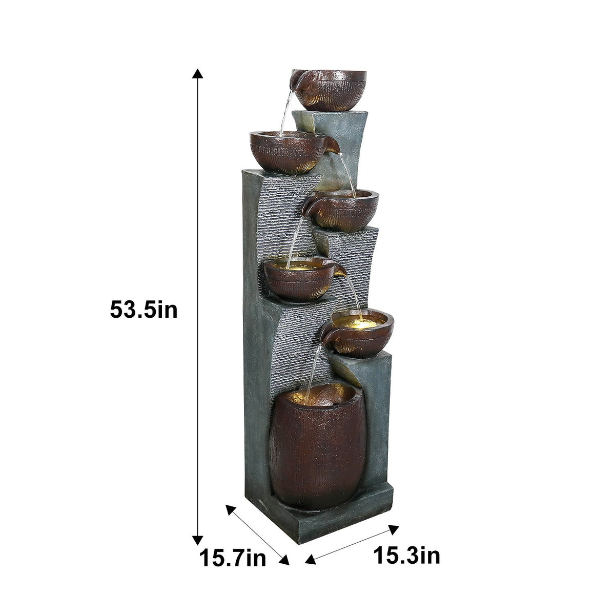 Resin 6 Tier Outdoor Water Fountain Pottery Bowls 53 in with measurement arrows on a white background.