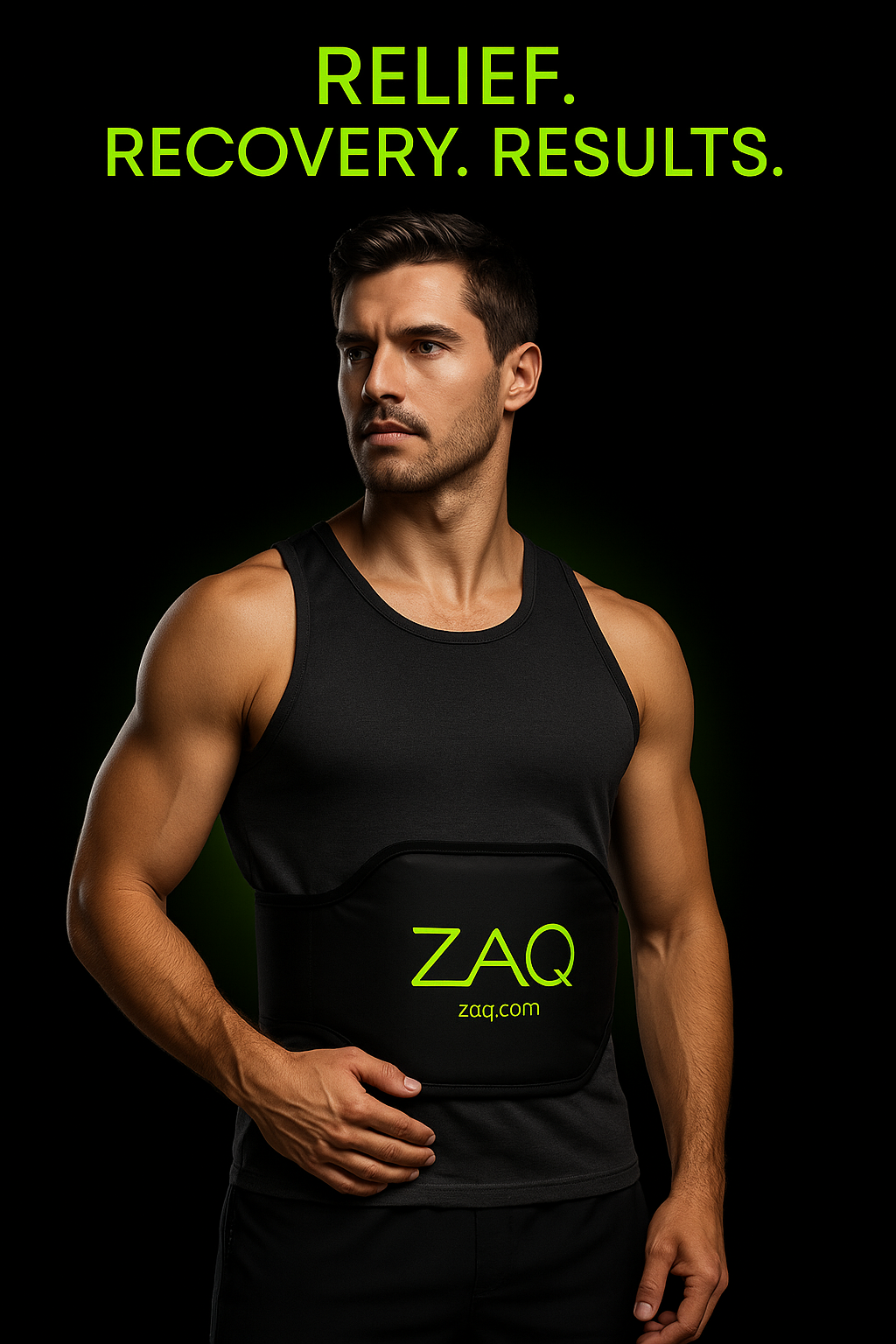 A man wears a branded REVA Multifunctional Infrared Heat belt against a dark background.