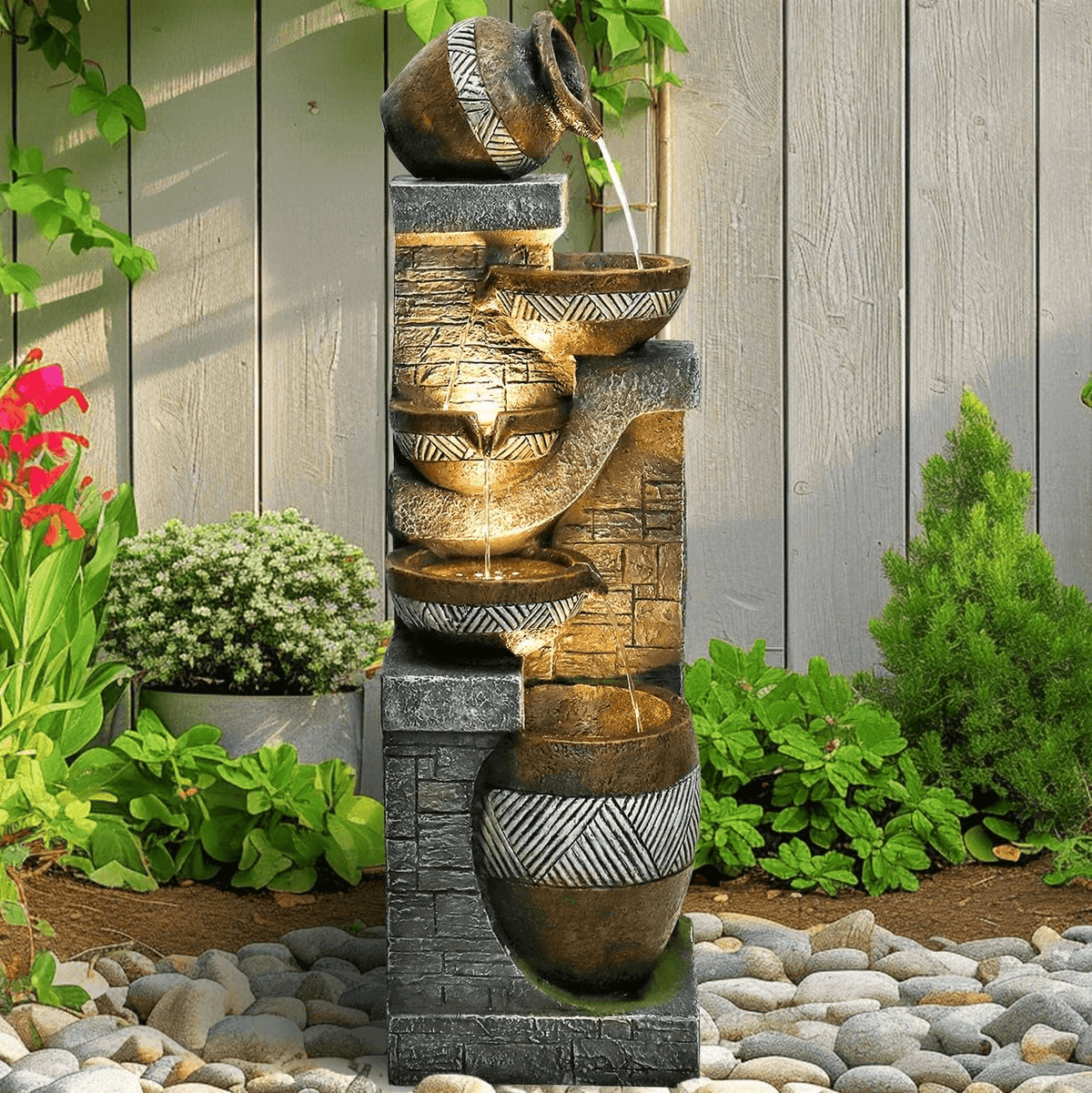 Resin Carved Clay Urn Outdoor Water Fountain 42 Inch stands amid shrubs and pale stones against a wooden fence.