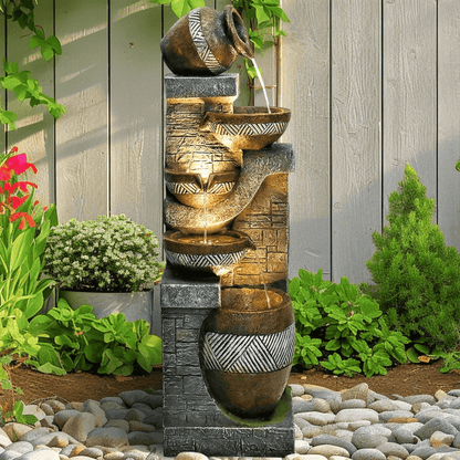 Resin Carved Clay Urn Outdoor Water Fountain 42 Inch stands amid shrubs and pale stones against a wooden fence.