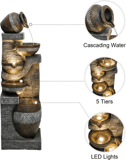 Resin Carved Clay Urn Outdoor Water Fountain 42 Inch with circular close-ups of the pouring urn and illuminated basins.