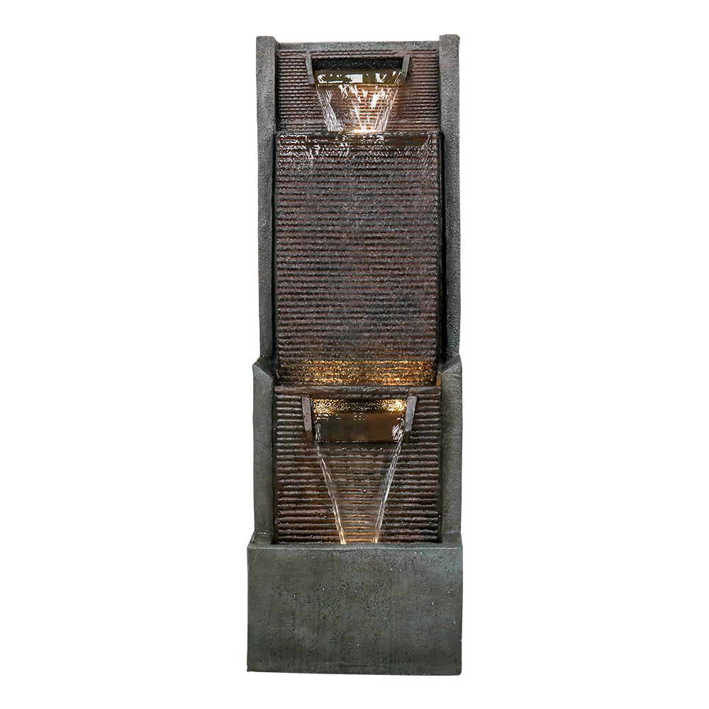 Resin Slim Outdoor Wall Fountain 39 Inch 11 Inch Deep shown straight on with water flowing over ribbed panels.