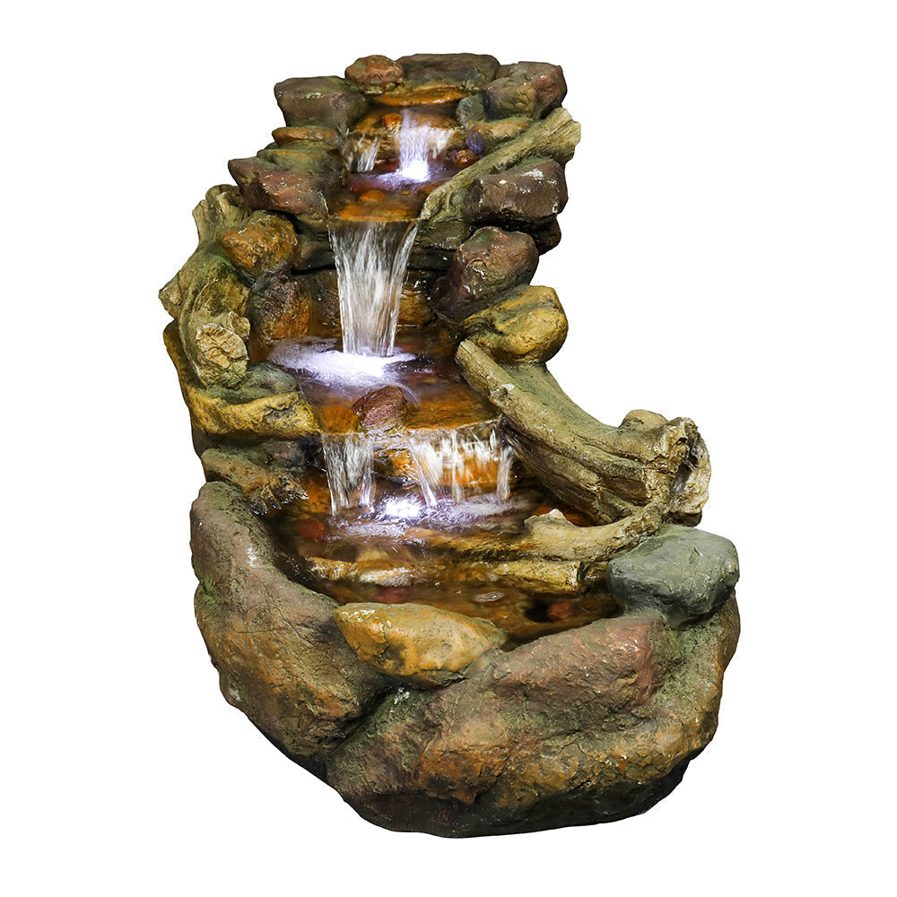 Resin Driftwood Creek Horizontal Outdoor Fountain 39 in viewed from the front, showing its tiered waterfall.