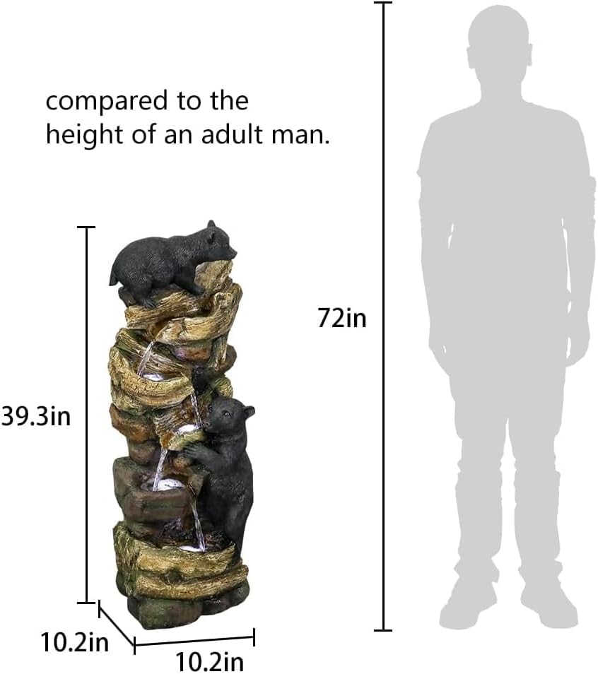 Resin Two Bear Cub Animal Outdoor Water Fountain 39 in is shown with measurement dimensions next to the silhouette of a man.