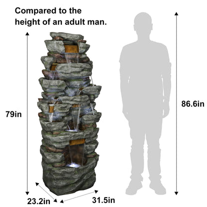 Resin Cliffside Rock Large Outdoor Water Fountain beside an adult silhouette, with arrows and dimensions shown.