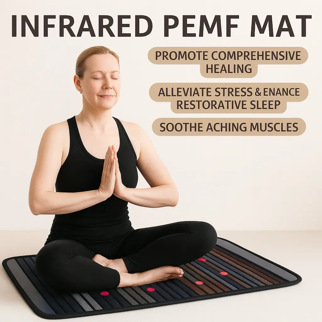 A woman sits cross-legged on the Infrared PEMF Travel Mat beneath a large headline and text callouts.